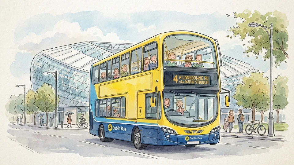 Dublin Bus double-decker bus approaching Aviva Stadium with passengers visible through windows