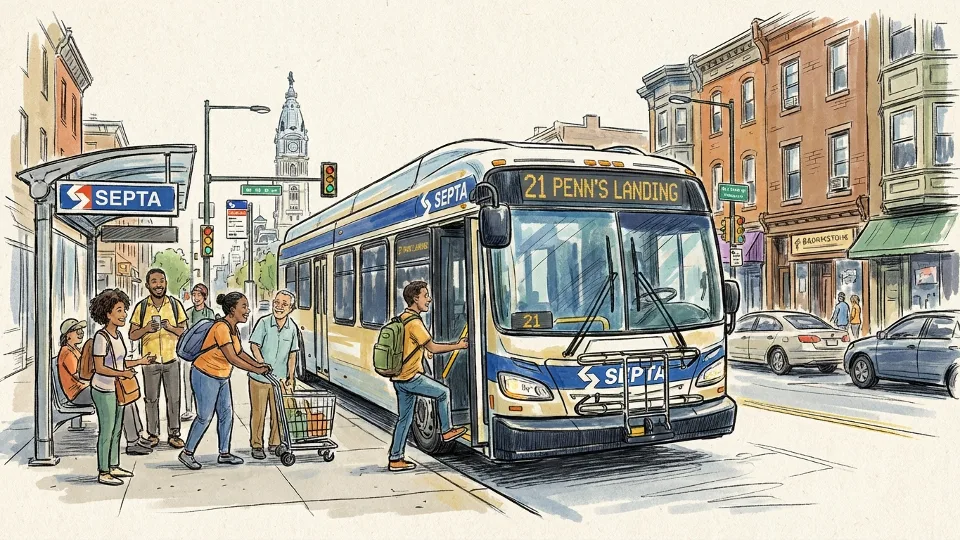 SEPTA bus at Philadelphia street stop with passengers waiting