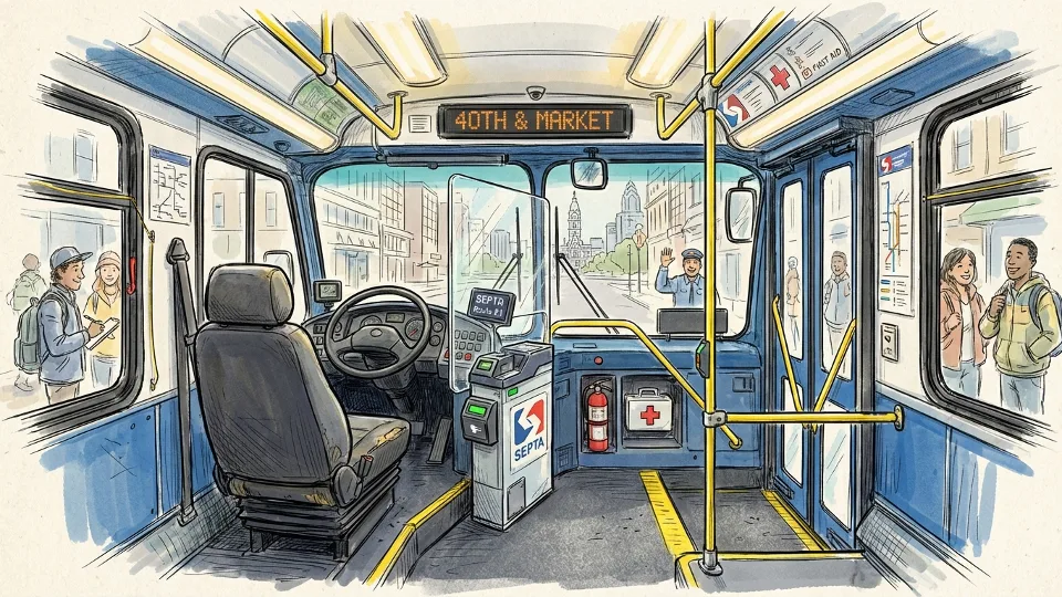 SEPTA bus interior with empty operator seat and steering wheel