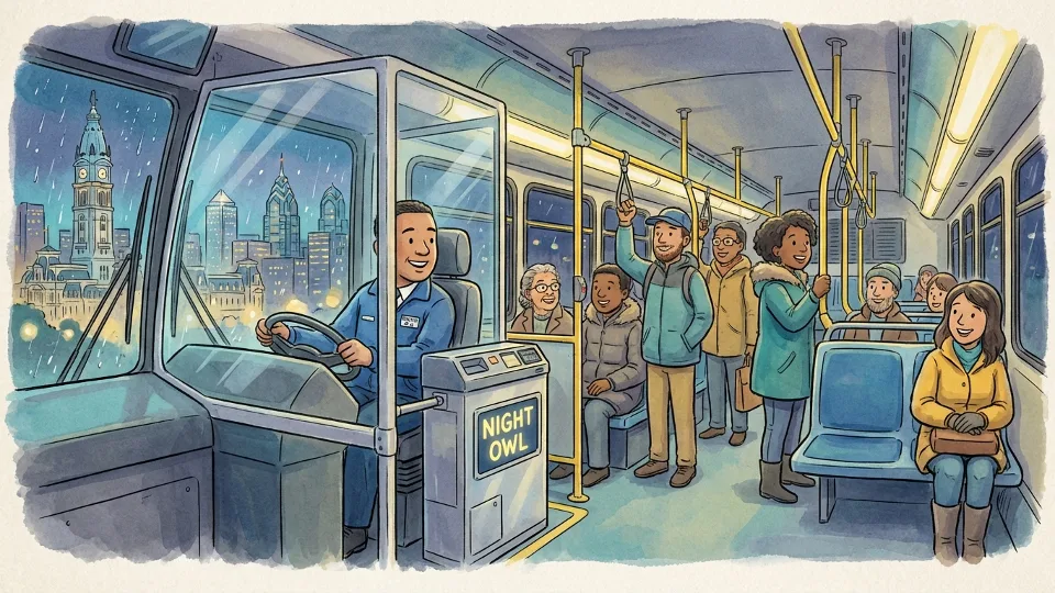 SEPTA bus operator cabin and fare gate showing interior of Night Owl bus
