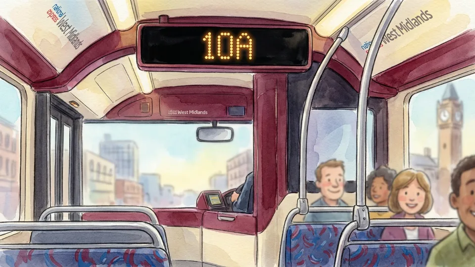Close-up of National Express West Midlands route number display showing route 10 or 10A, with bus interior visible and passengers in background