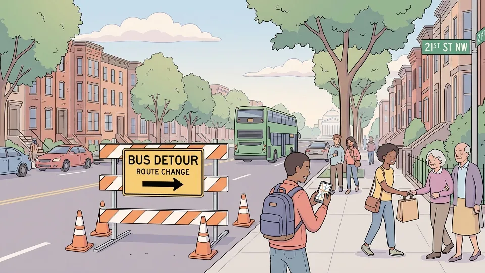 Bus detour sign and construction barriers on 21st Street NW in Washington DC