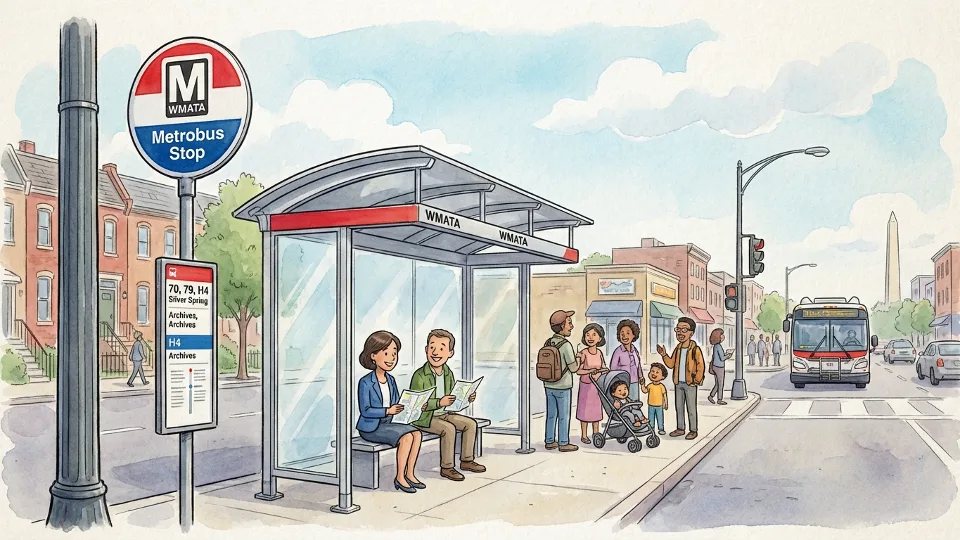 WMATA bus stop sign and shelter on urban DC street with passengers waiting