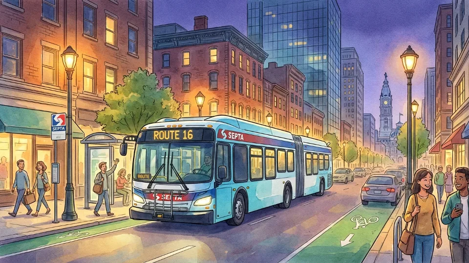 SEPTA bus traveling through Center City Philadelphia street during evening service
