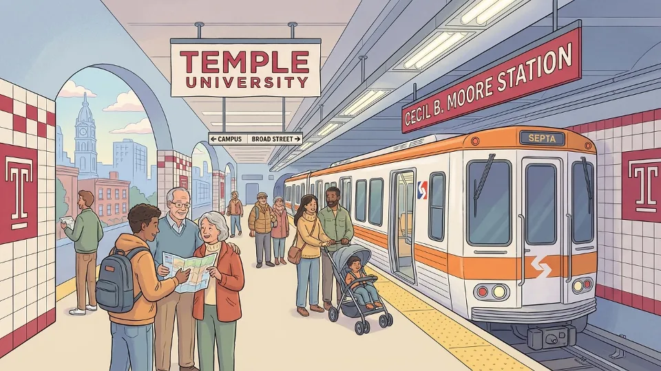 SEPTA Broad Street Line train at Cecil B. Moore station platform with Temple University branding visible