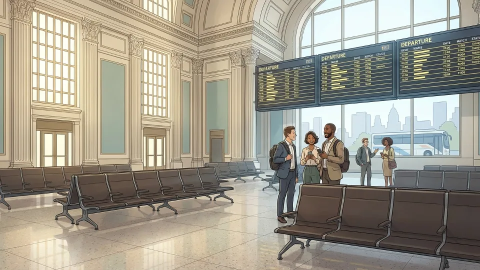 Empty waiting area at 30th Street Station showing seating and departure boards, illustrating the public spaces where disease transmission can occur in transit facilities