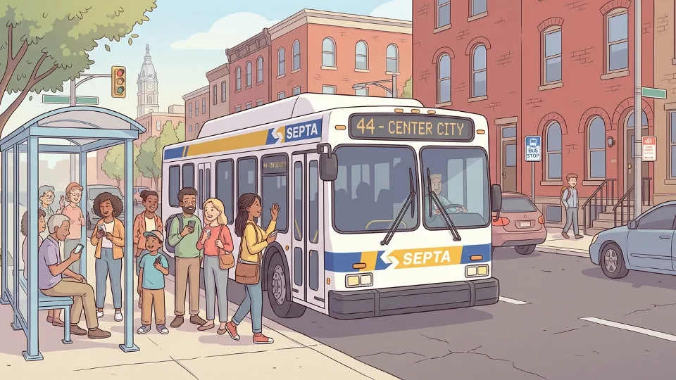 SEPTA bus on Philadelphia city street with passengers waiting at stop