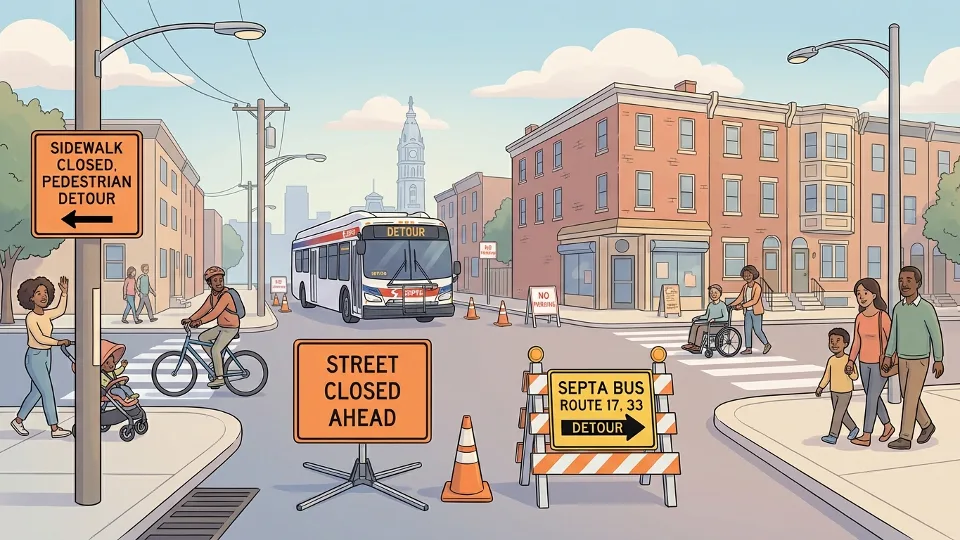 Philadelphia street closure signs and transit detour markers at intersection