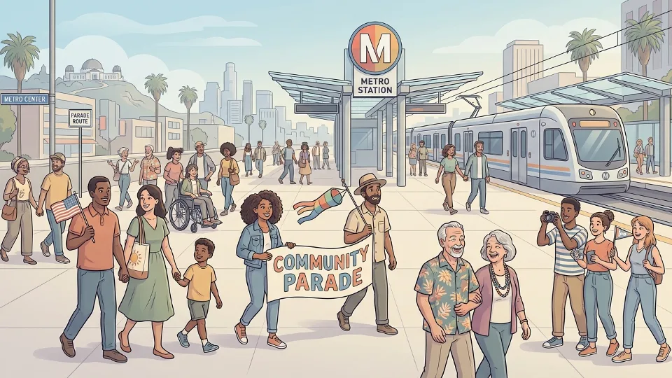 Crowd of diverse parade attendees walking toward Metro light rail station