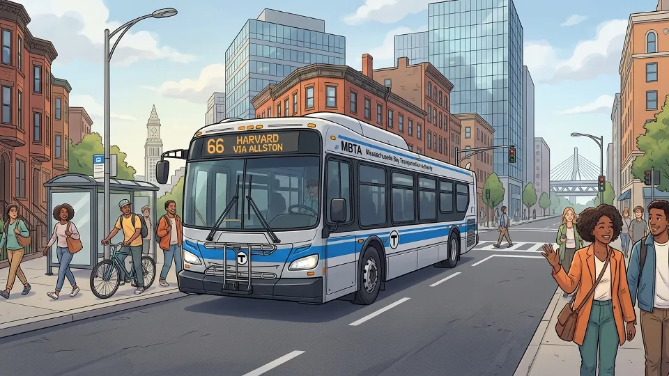 MBTA bus on Boston street with city buildings in background