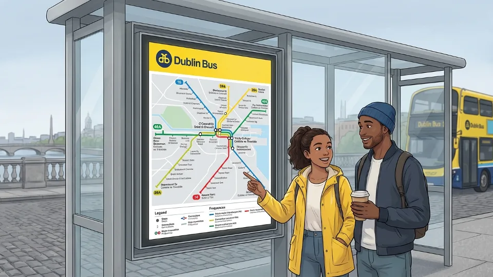 Dublin Bus route map display at transit shelter showing route information