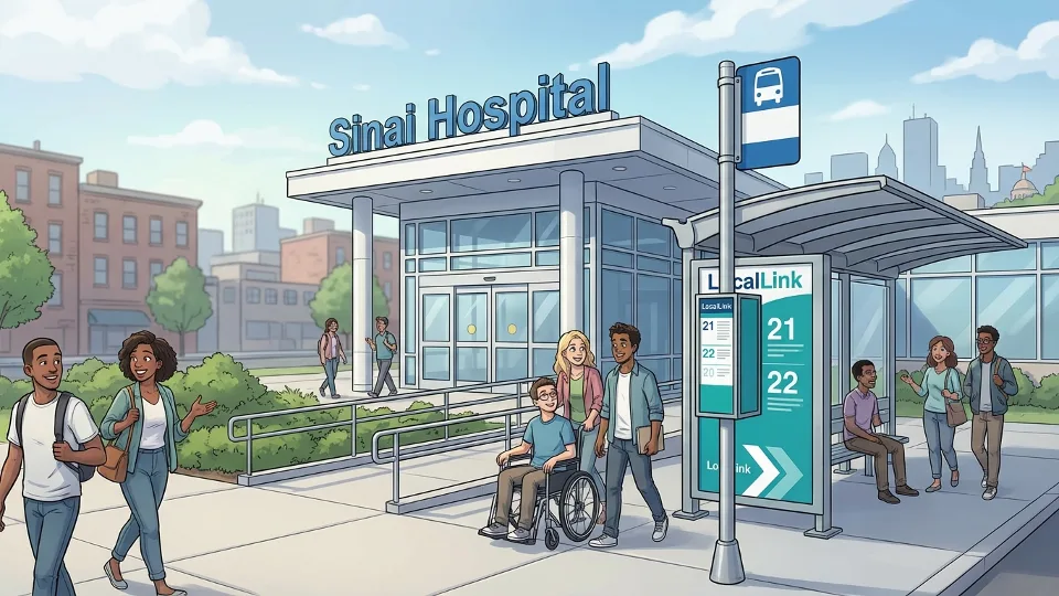 Sinai Hospital entrance with bus stop sign and LocalLink route information display