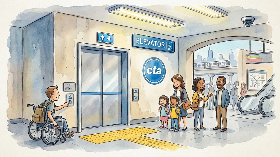 Elevator entrance at Chicago CTA subway station with accessibility signage