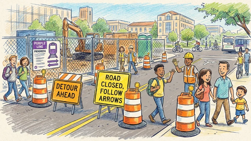 Temporary detour signs and traffic cones on Campus Drive near Purple Line construction zone