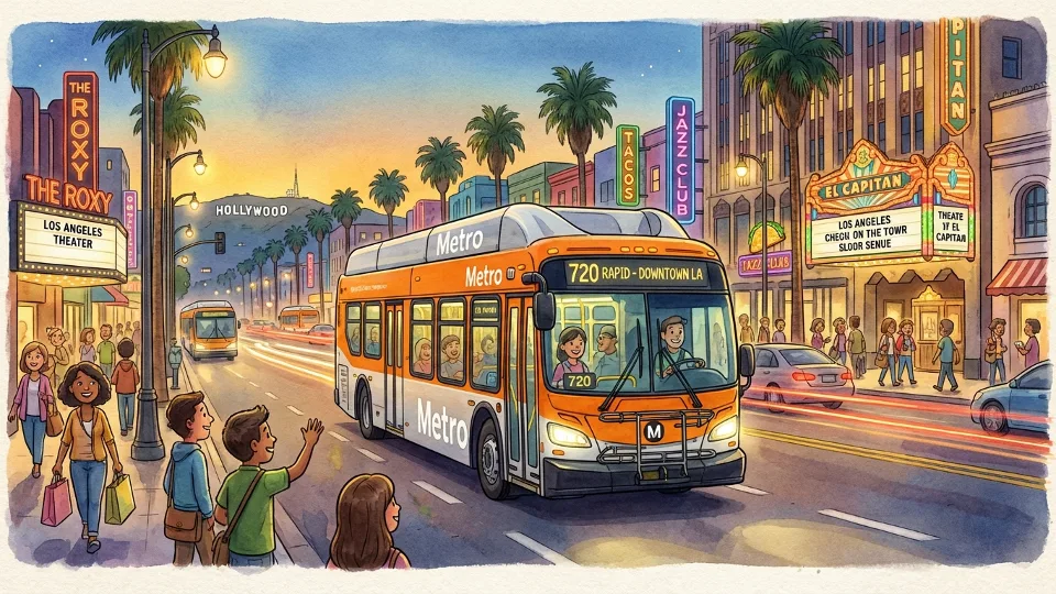 Metro bus on Los Angeles street near entertainment district with evening city lights