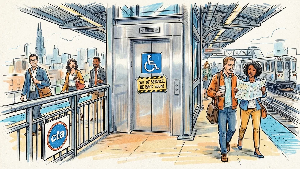 CTA station elevator with out of service sign and accessibility symbol