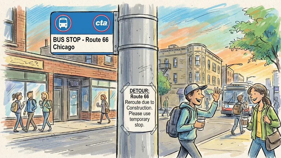 CTA bus stop sign with temporary detour notice posted in Chicago neighborhood