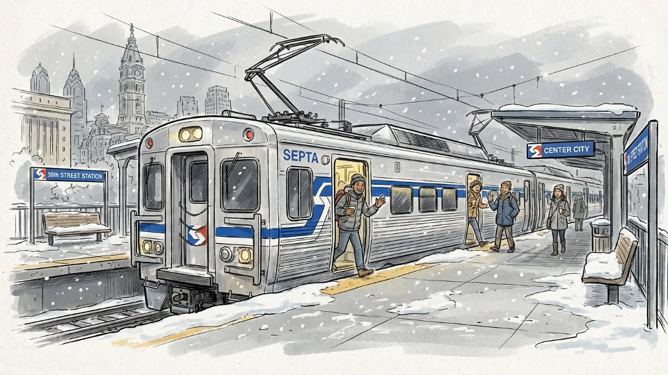SEPTA regional rail train at station platform in winter conditions