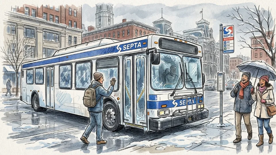 SEPTA bus at downtown Philadelphia stop during winter weather with frost visible