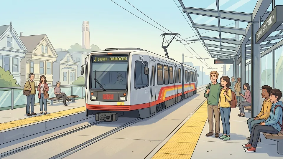 San Francisco Muni Metro light rail train at station platform with passengers waiting