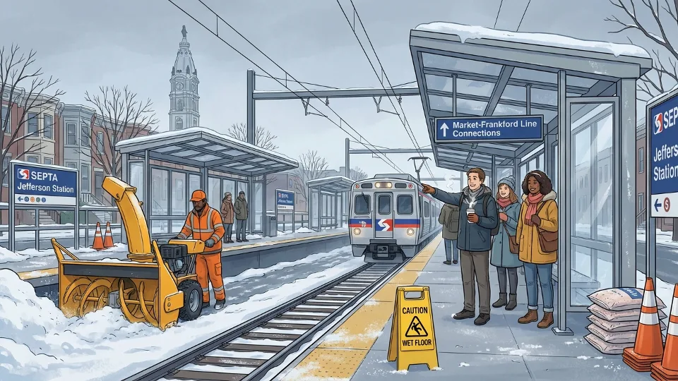 SEPTA station platform with snow removal equipment and winter safety preparations