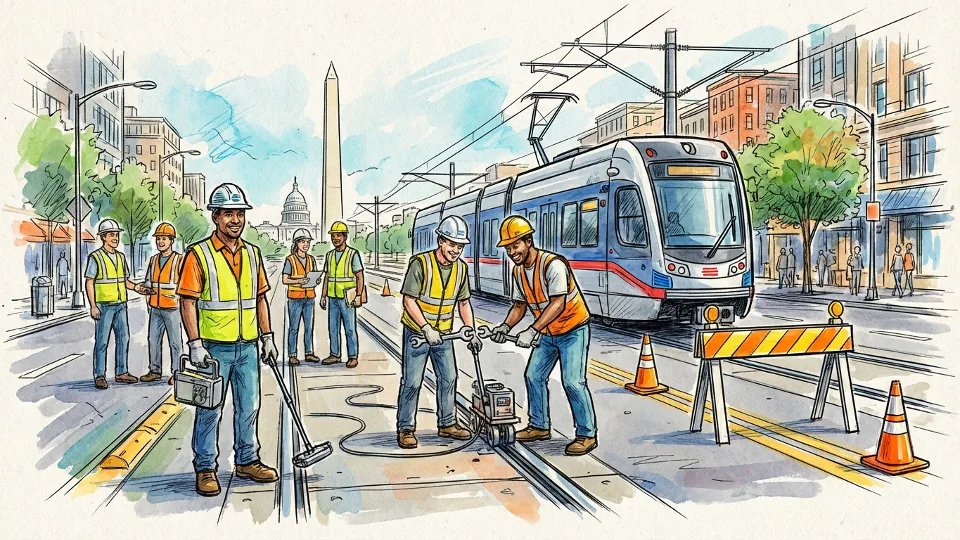 Light rail maintenance crew working on tracks with safety equipment and transit vehicle in background