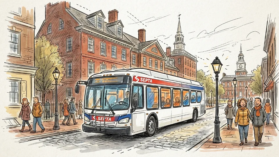Philadelphia public transit bus passing historic downtown district with colonial-era buildings
