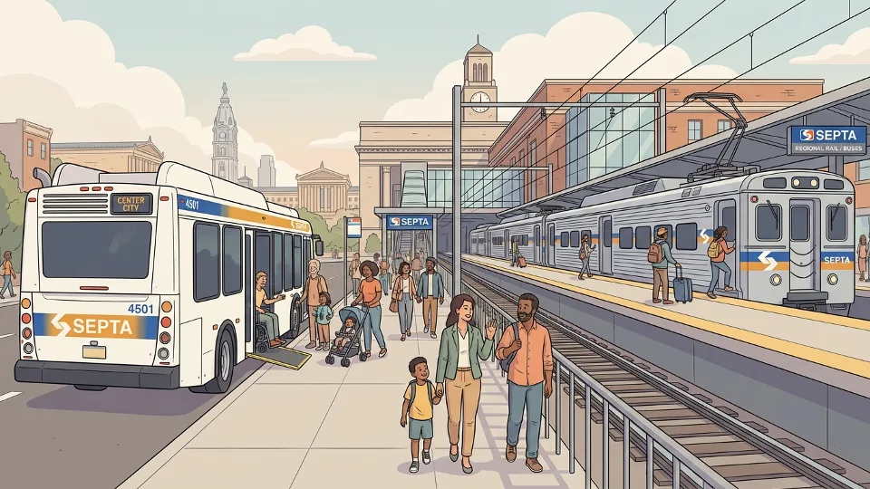 SEPTA transit vehicles including bus and regional rail train at Philadelphia station