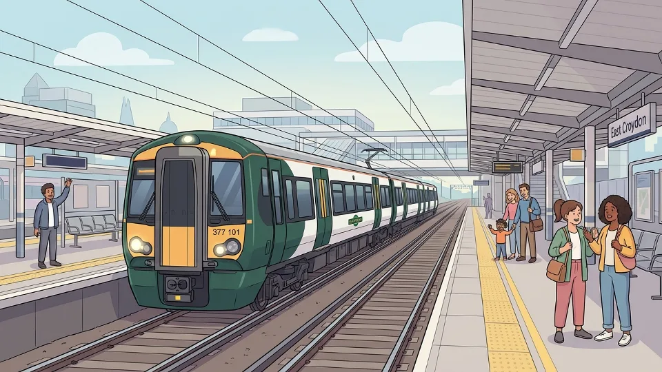 Southern Railway train approaching East Croydon station platform during daytime