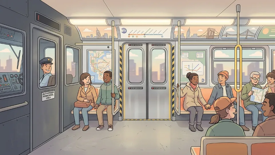 Interior of MTA subway car showing operator's cab area and passenger doors