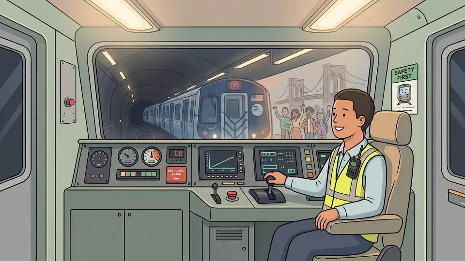 MTA subway train operator in cab at controls with safety equipment visible