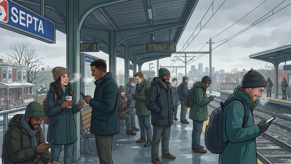 Commuters waiting at SEPTA station platform in cold weather conditions