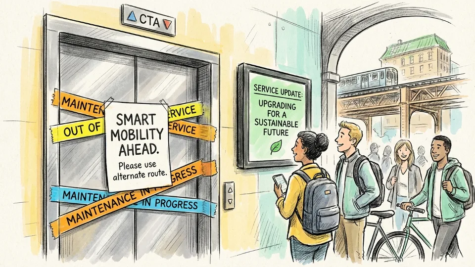Close-up of out-of-service elevator at CTA station with caution signage, showing typical transit elevator maintenance situation