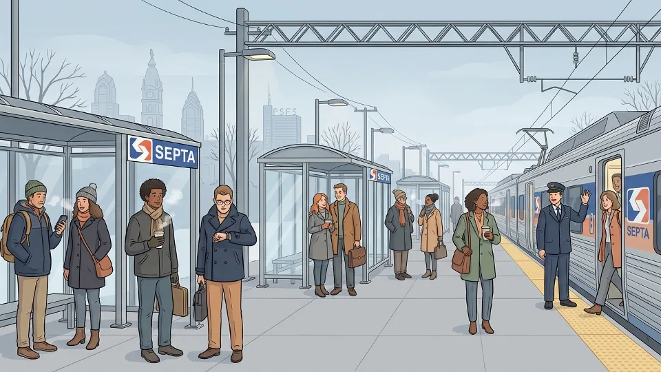 SEPTA train platform in winter with commuters in heavy coats during cold morning