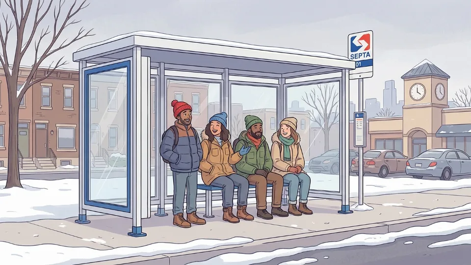 SEPTA bus stop shelter in winter with waiting passengers bundled in cold weather gear