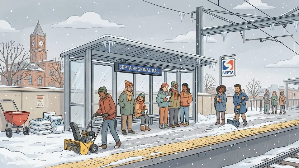 SEPTA station platform with snow removal equipment and winter weather preparations