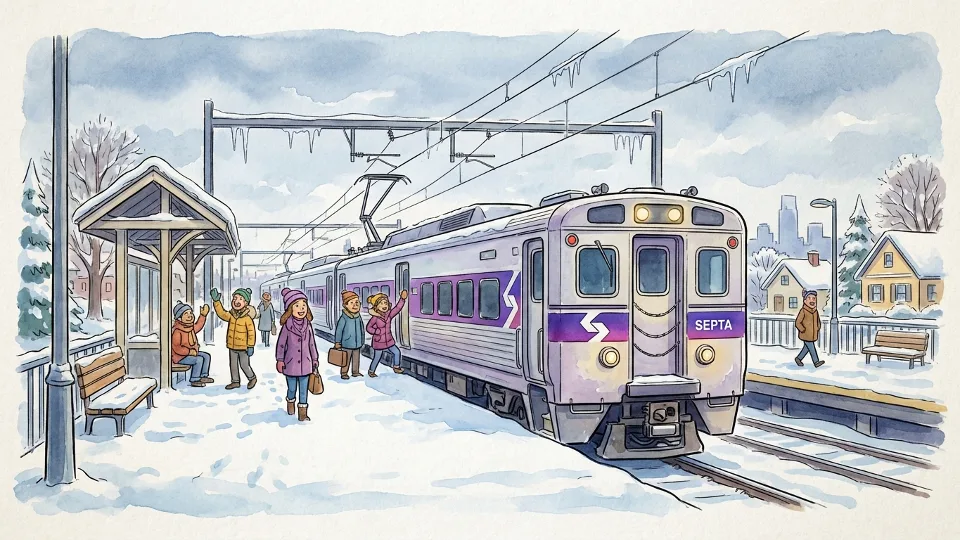 SEPTA Regional Rail train at snow-covered suburban station platform