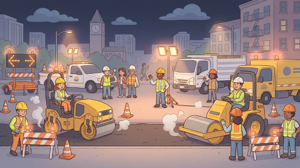 Road maintenance crew working on urban street at night with equipment and safety barriers