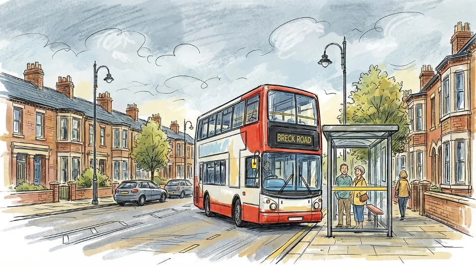 Transit bus at stop on Breck Road showing typical North West neighborhood street scene with clear road conditions