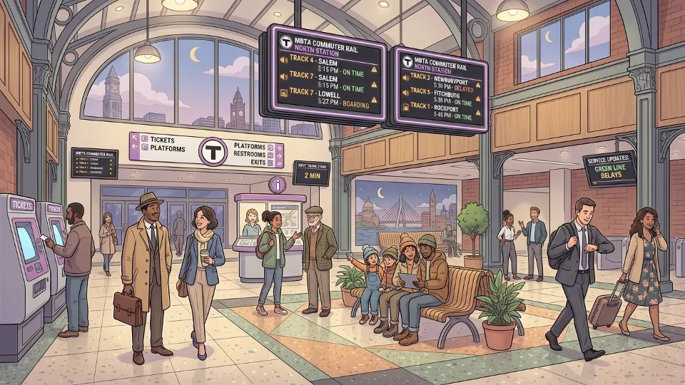 Interior view of MBTA commuter rail station with passengers checking departure boards and waiting for trains. Alt text: MBTA commuter rail passengers at Boston station during evening commute. Composition: Wide angle showing station interior with departure information displays and waiting passengers.