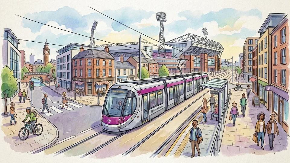 West Midlands tram traveling through urban corridor with football stadium visible in background