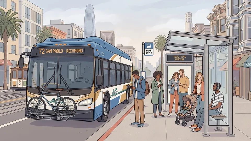 Bay Area transit bus at urban stop with passengers waiting and checking mobile devices for arrival information