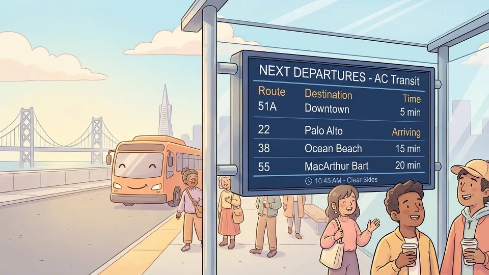 Transit information display screen showing real-time bus arrival data at Bay Area transit station