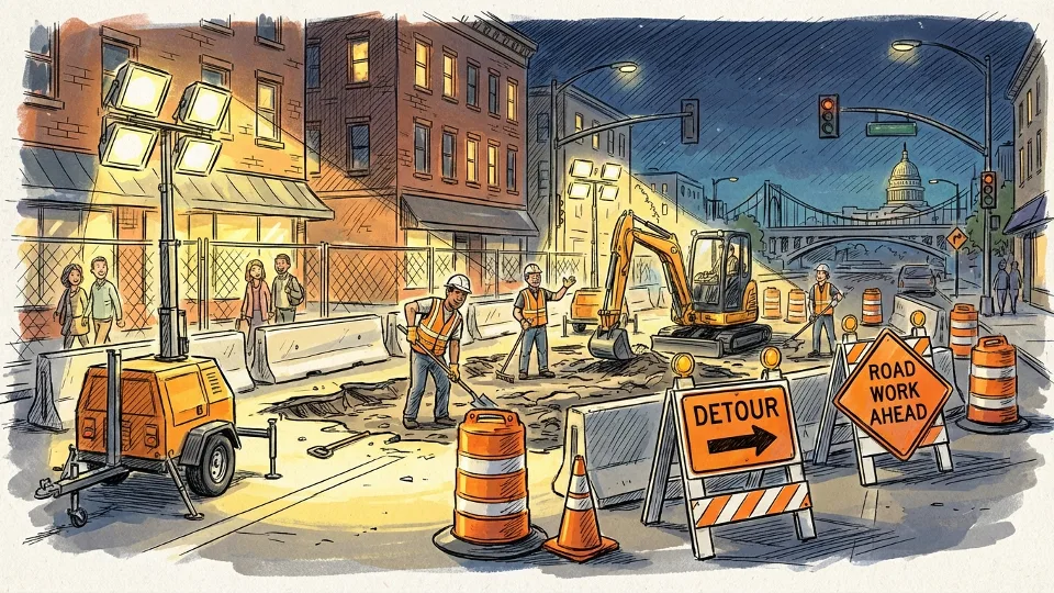 Nighttime road construction with illuminated work zone and detour signage on urban street