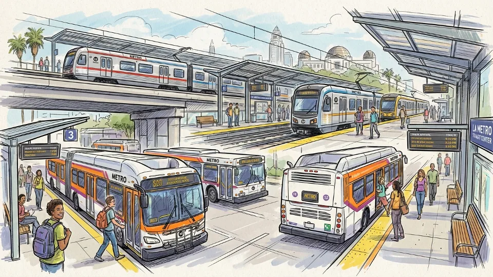 LA Metro bus and rail vehicles at transit center