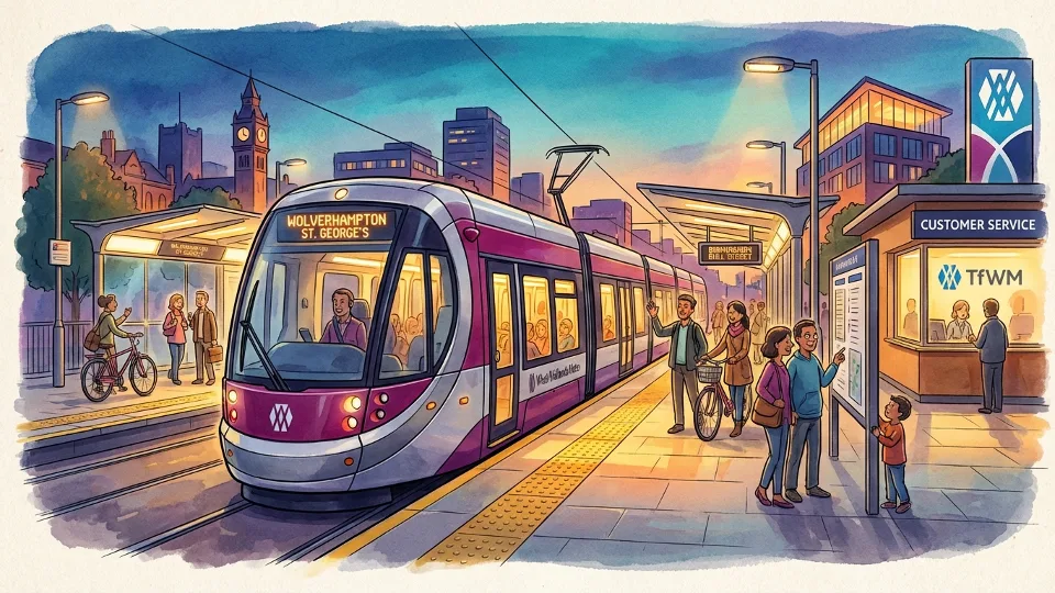 West Midlands Metro tram at station platform during evening hours with customer service office visible in background