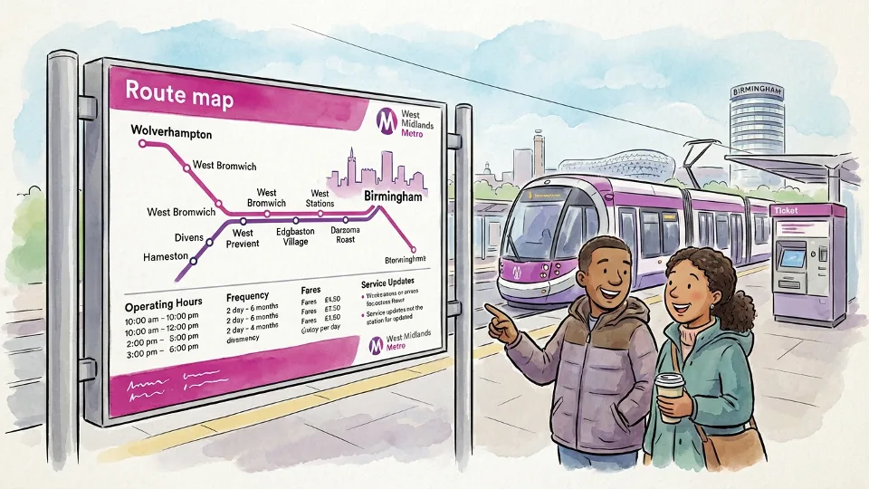 West Midlands Metro information board showing route map and service information at station entrance