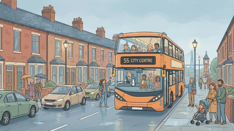 Bus on urban street in North West England residential area with row houses visible