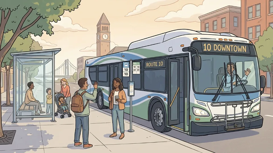 Transit bus at bus stop with passengers waiting on sidewalk