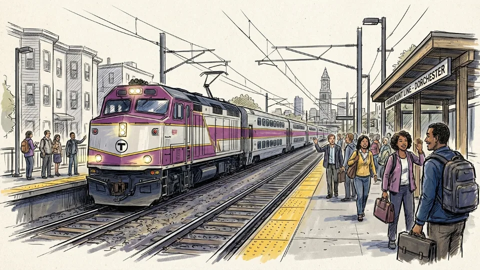 MBTA Fairmount Line train approaching station with passengers waiting on platform